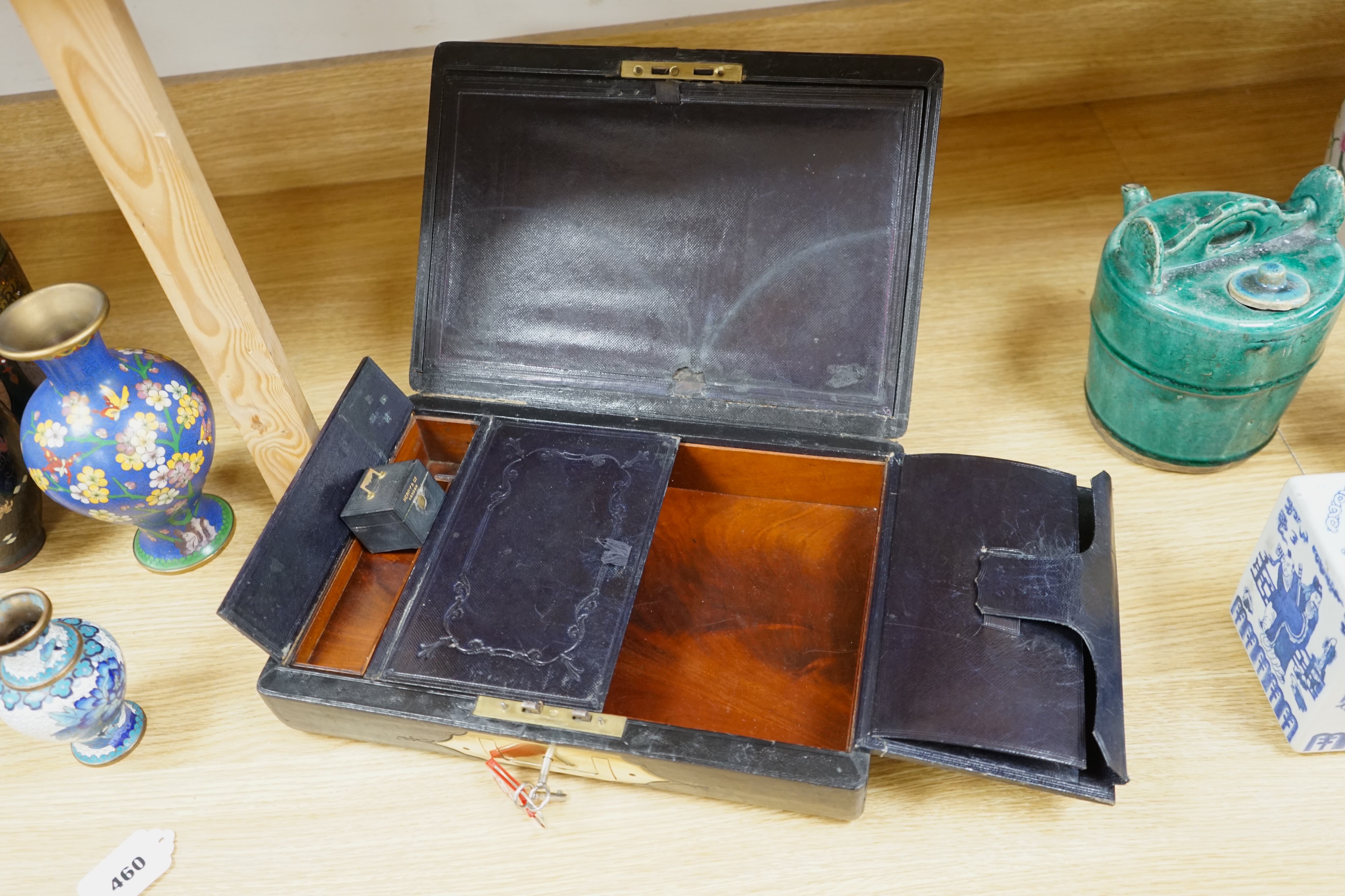 A Perry & Co London Travelling Writing Box, with Bramah Lock & Keys, 36cm wide. Condition - fair